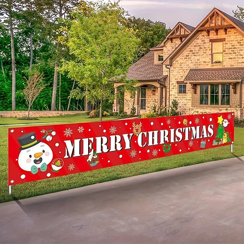 Large Merry Christmas Banner Xmas Decoration Snowman Christmas Tree Hanging Huge Sign Holiday Party Supplies Home Decor For Outdoor, Indoor, Yard, Garden, Porch, Lawn3