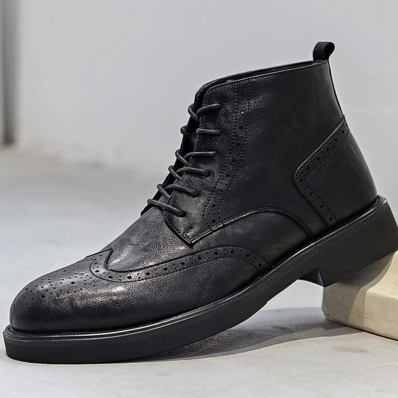 Men's Black Leather Brogue Ankle Boots – Classic Wingtip Lace-Up Dress Boots for Formal and Casual Wear