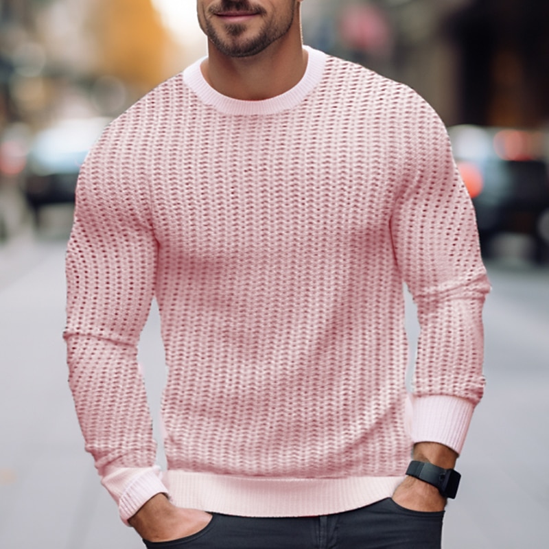 Men's Pullover Sweater Jumper Ribbed Crochet Knit Regular Knitted Plain Crew Neck Modern Contemporary Work Daily Wear Clothing Apparel Winter White Pink S M L4