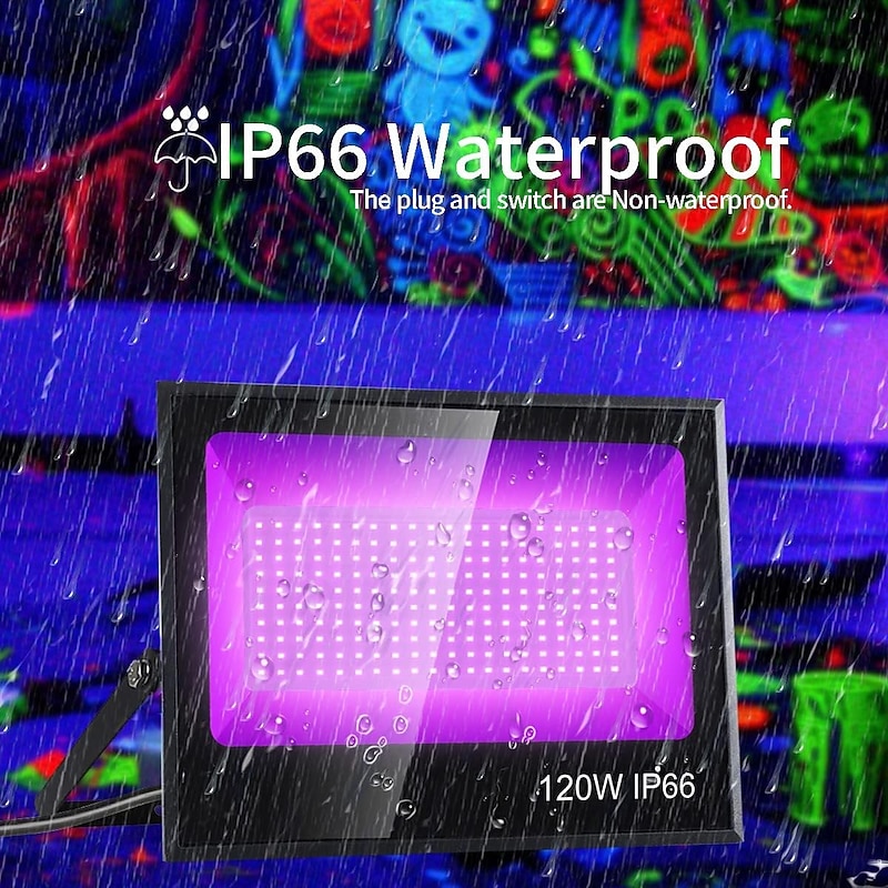 LED Black Lights 1-2 Pack of 30W 60W 120W UV Floodlight 395nm-405nm IP66 Waterproof High-power Black Light Plug with Switch (59in) for Parties Stages UV Resin Curing Paint for Halloween