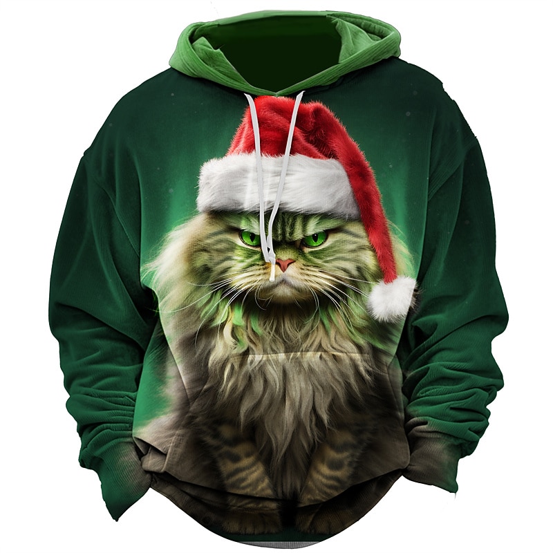 Christmas Men's Christmas animal 3D Hoodies Santa'S Cat Graphic Prints Daily Classic Casual 3D Pullover Holiday Going Out Hoodies Red Dark Green Hooded Spring & Wearing Hat Cotton