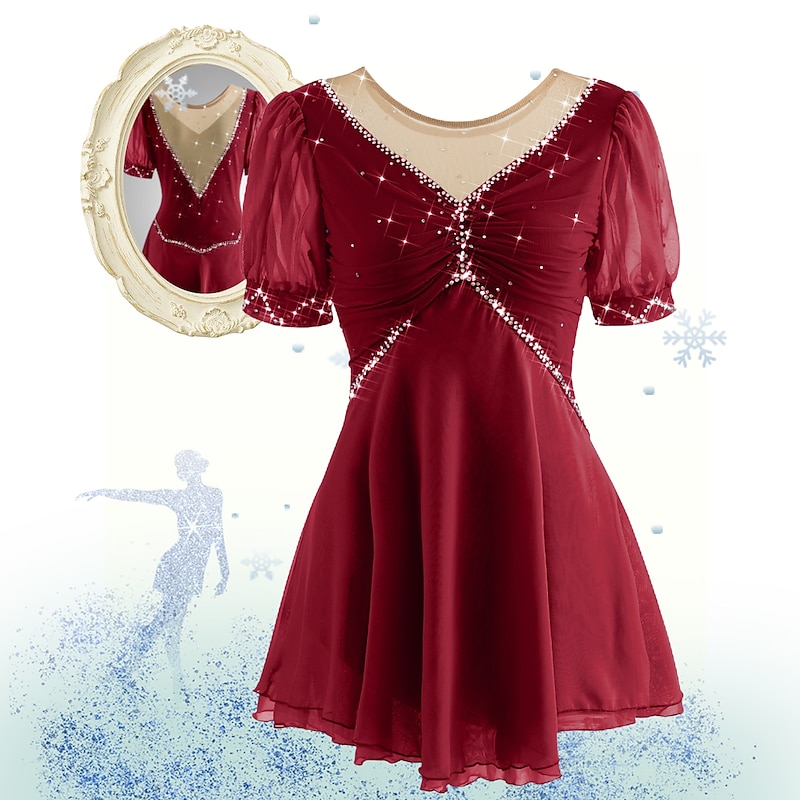 Figure Skating Dress Women's Ice Skating Dress Yan pink Violet White / White Mesh Spandex Leisure Sports Practice Competition Skating Wear Handmade Short Sleeve Skating / Rhinestone