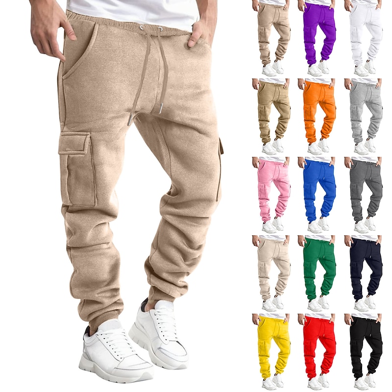 Men's Sweatpants Joggers Trousers Cargo Sweatpants Drawstring Elastic Waist Multi Pocket Plain Comfort Breathable Casual Daily Holiday Sports Fashion Black White