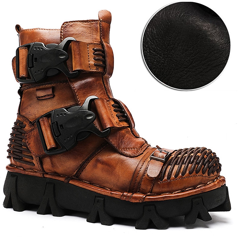 Men's Steampunk Motorcycle Boots with Double Buckle Straps and Rugged Sole, Brown Leather Gothic Footwear for Riding and Cosplay2
