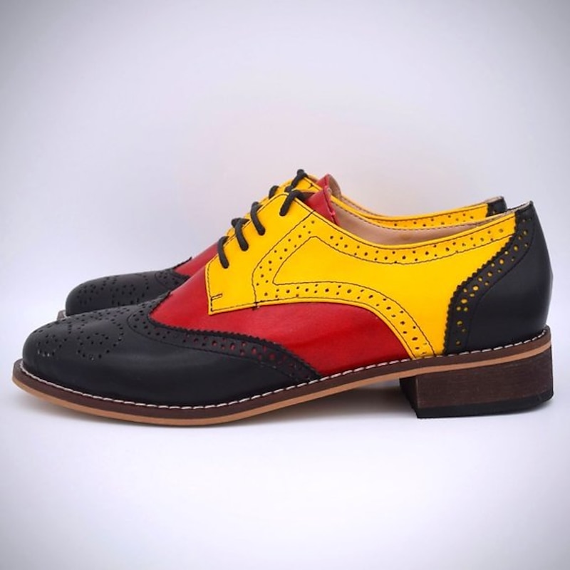 Men's Vintage Brogue Oxford Shoes – Tricolor Black, Red, and Yellow Faux Leather with Classic Wingtip Detailing, Perfect for Formal or Retro-Themed Events4