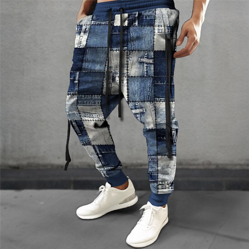 Plaid Geometry Casual Men's 3D Print Sweatpants Joggers Pants Trousers Outdoor Street Casual Daily Polyester Navy Blue Royal Blue Blue S M L Mid Waist Elasticity Pants2
