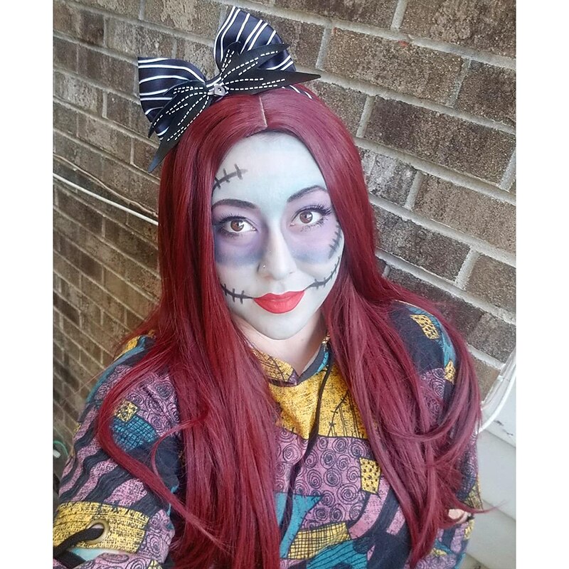 Mersi Wine Red Sally Wigs for Women Sally Wig Nightmare Before Christmas Costume 26'' Long Straight Synthetic Hair Wig for Carnival with Wig Cap S034WR4