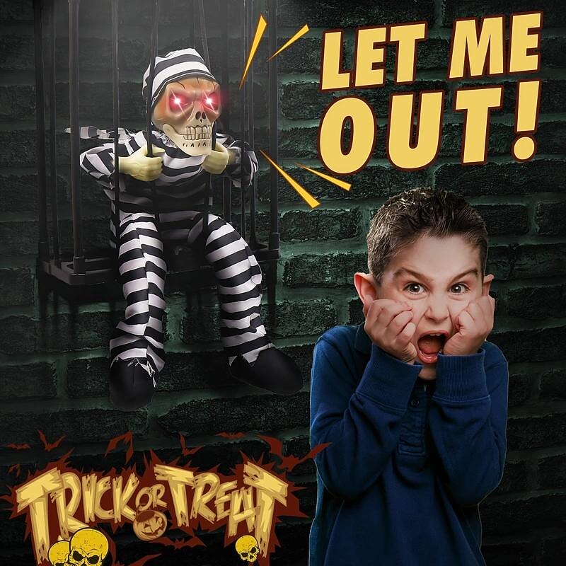 Halloween Decoration Screaming Animated Halloween Decor Prop with Motion Sensor Scary Skull Cage Prisoner Haunted House Decor Spooky Hanging Ghost Light Up Eyes Decorations Set4