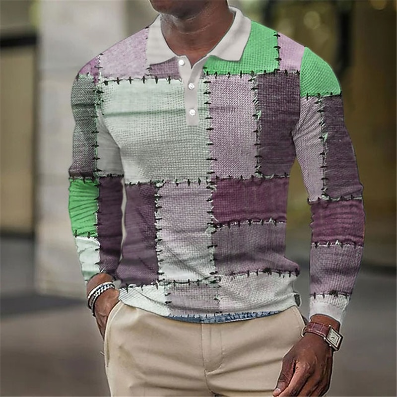 Men's Waffle Polo Shirts Golf Shirt Long Sleeve Polo Shirts Collared Shirts Vintage Casual Vacation Wear Formal Wear Festival Wear Buttons 3D Print Fall & Winter Blue Purple Green3