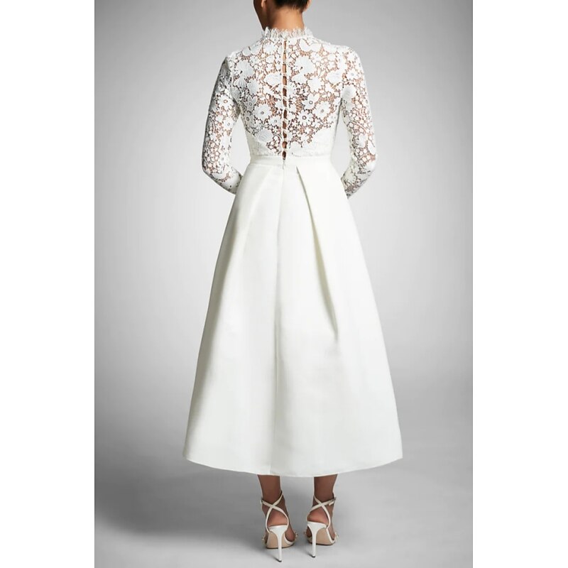 A-Line Mother of the Bride Cocktail Dresses Sexy Dress Wedding Guest Party Wear Tea Length Long Sleeve High Neck Stretch Fabric with Pleats Dresses2