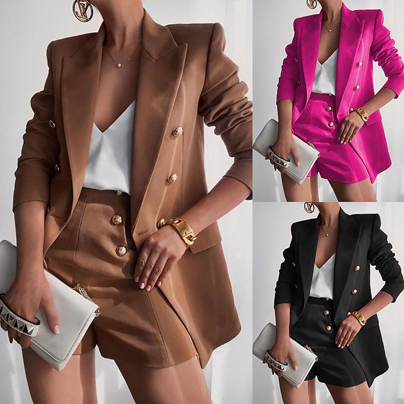 Women's Blazer Suits 2 Pcs Blazer & Short Pant Double Breasted Blazer Fall Work Office Casual / Daily Fashion Outerwear Long Sleeve Summer Black S2