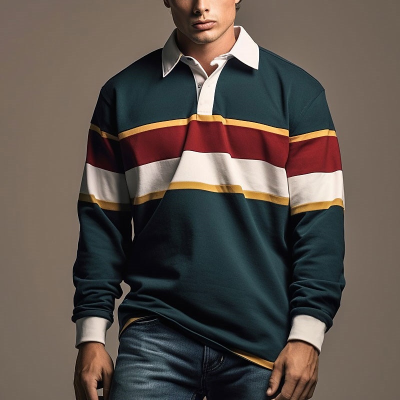 Men's Striped Rugby Polo Shirts Long Sleeve Polo Shirts Zip Casual Outdoor Casual Daily Streetwear 3D Print Fall & Winter Dark Navy Blue Ink Blue