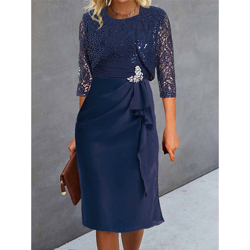 Women's Wedding Guest Cocktail Dress Set Chiffon Lace Patchwork Elegant Spring Fall Midi Dress Crew Neck 3/4 Length Sleeve Navy Blue