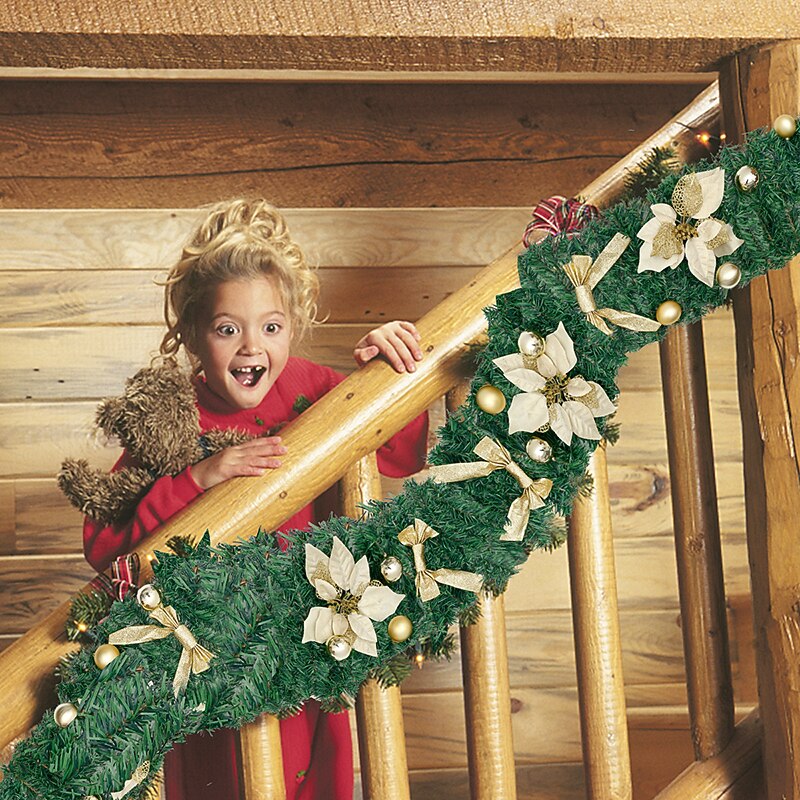 8.8 ft./2.7m Artificial Christmas Garland Staircase Decoration Green Rattan with Flower Decorations  for Home Stairs Fireplace Front Porch Door Display Indoor Outdoor Christmas Decor3