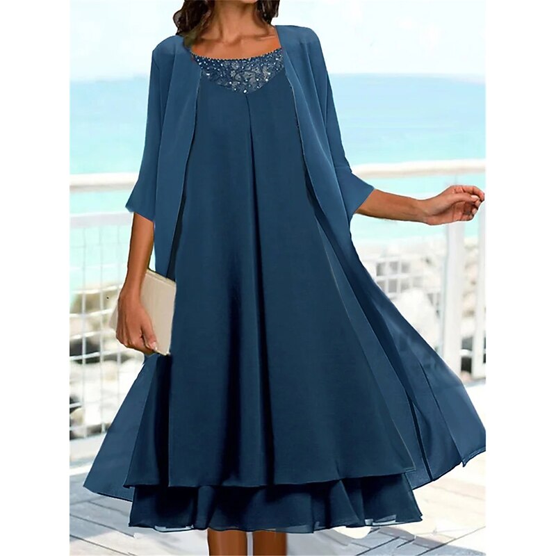 Women's Wedding Guest Cocktail Dress Chiffon Fashion Layered Casual  Elegant Two Piece Dress Set  Midi Fall Winter Dress Crew Neck 3/4 Length Sleeve Plain Navy Blue2