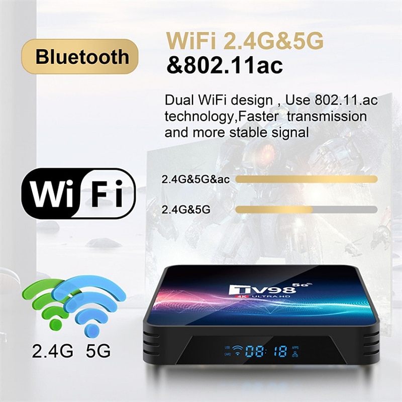 TV98 Android 11.0 TV Box Quad Core V11 8GB 16GB 2.4G/5G Dual-band WIFI 4K Media Player Set-top Digital Television LAN 100M/1000M2