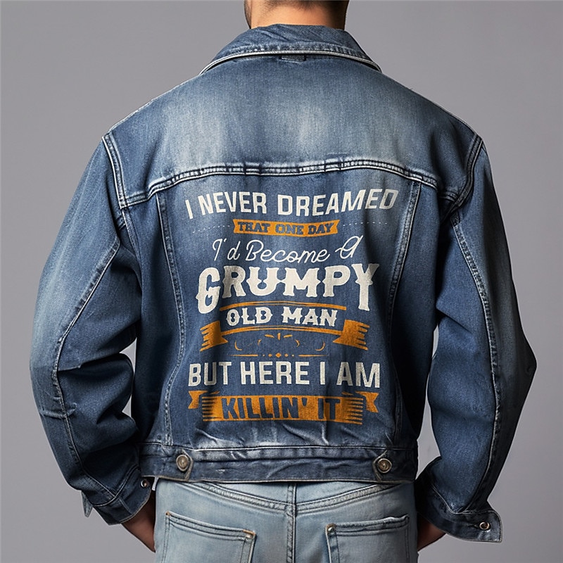 Men's Letter Coat Jean Jacket Denim Jacket Comfortable Breathable Vintage Casual Sports & Outdoor Going out Weekend Buttons Print Fall & Winter Turndown Long Sleeve Black Blue2