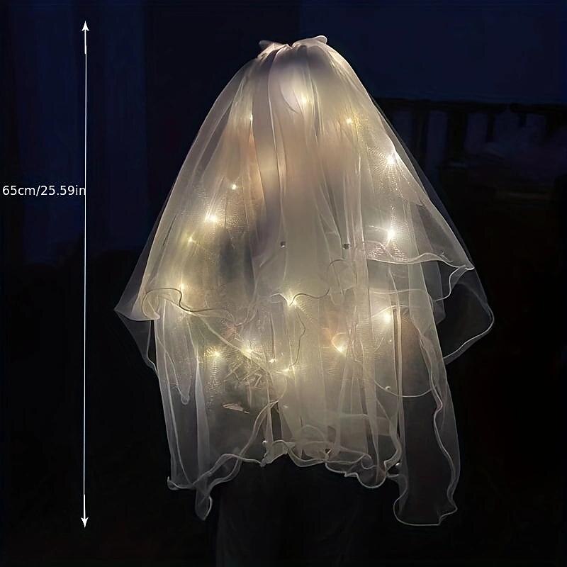 LED Luminous Head Veil Long 23.62inch Luminous Yarn Fairy Children's Ribbon Bow Veil With Light String Party Wedding Bride4