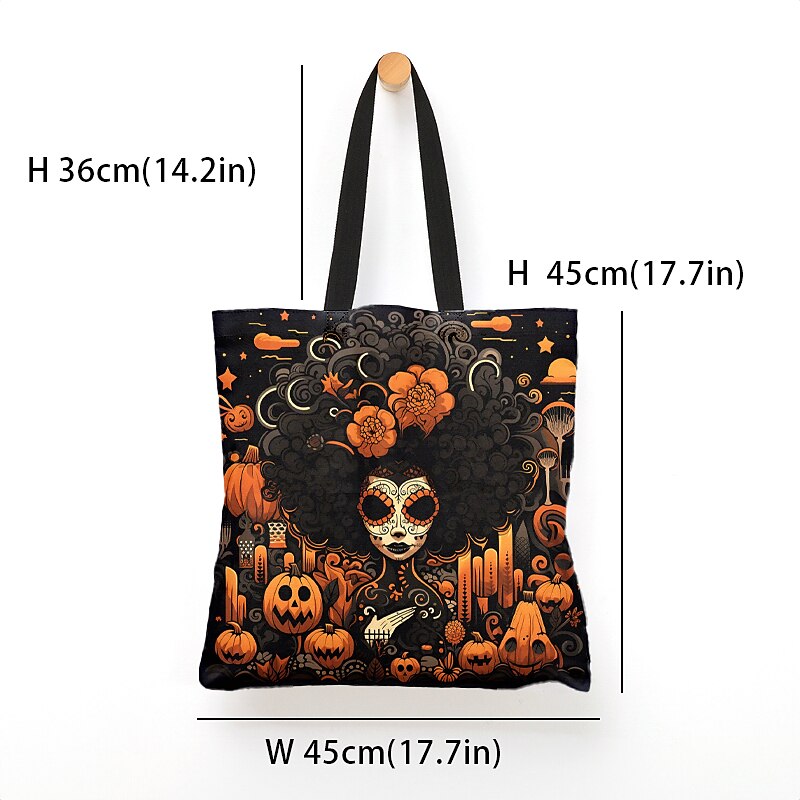 Large Capacity Halloween Tote Bags - Reusable Shopping Bags with Unique Pumpkin, Witch, and Day of the Dead Designs4