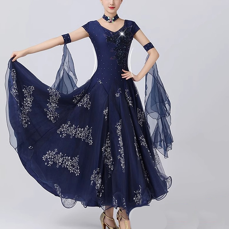 Ballroom Dance Dress Printing Splicing Crystals / Rhinestones Women's Performance Party Sleeveless Mesh Spandex Organza3