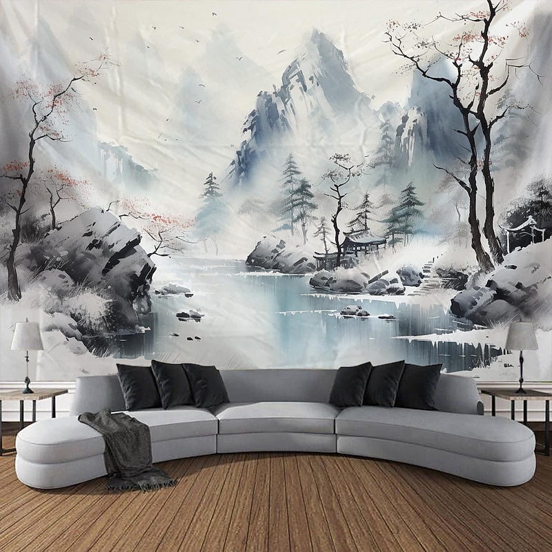 Watercolor Landscape Hanging Tapestry Chinese Style Wall Art Large Tapestry Mural Decor Photograph Backdrop Blanket Curtain Home Bedroom Living Room Decoration2