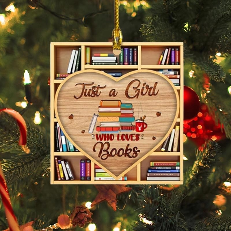 Christmas Tree Decor, 2D Acrylic Square Heart Bookshelf Pendant, Library Bookshelf Heart Ornament, Room Decorations2