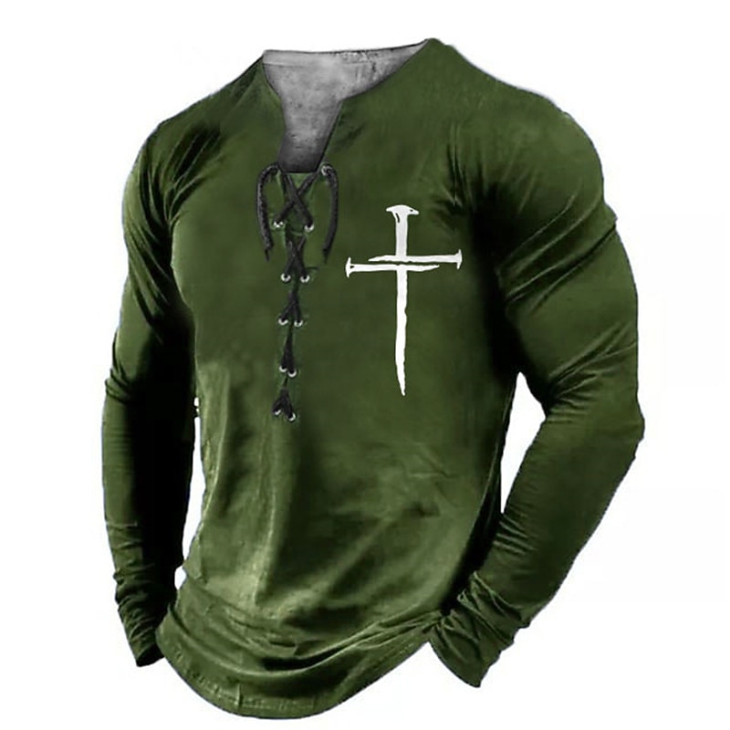 Men's Graphic Faith T Shirt Long Sleeve T shirt 3D Print Collar Shirt Fashion Daily Outdoor Casual Holiday Going out Black Burgundy Green Spring &  Fall Clothing Apparel S M L XL 2XL 3XL4