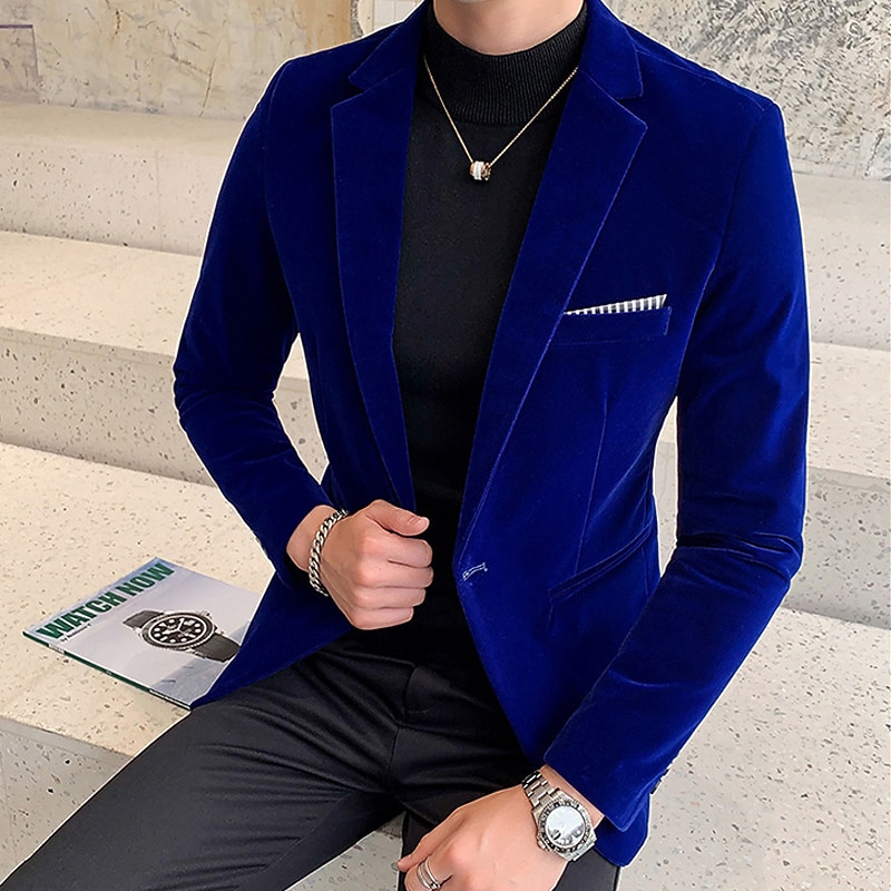 Men's Corduroy Jacket Blazer Business Cocktail Party Wedding Party Fashion Casual Fall / Winter Polyester Velvet Plain Pocket Buttons Casual / Daily Single Breasted Blazer Black Burgundy Blue Dark4