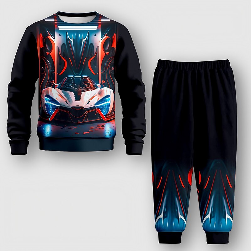 Boys 3D Graphic Car Sweatshirt & Sweatpants Set Set Long Sleeve 3D Printing Fall Winter Active Fashion Cool Kids 3-12 Years Crew Neck Outdoor Vacation Street Regular Fit