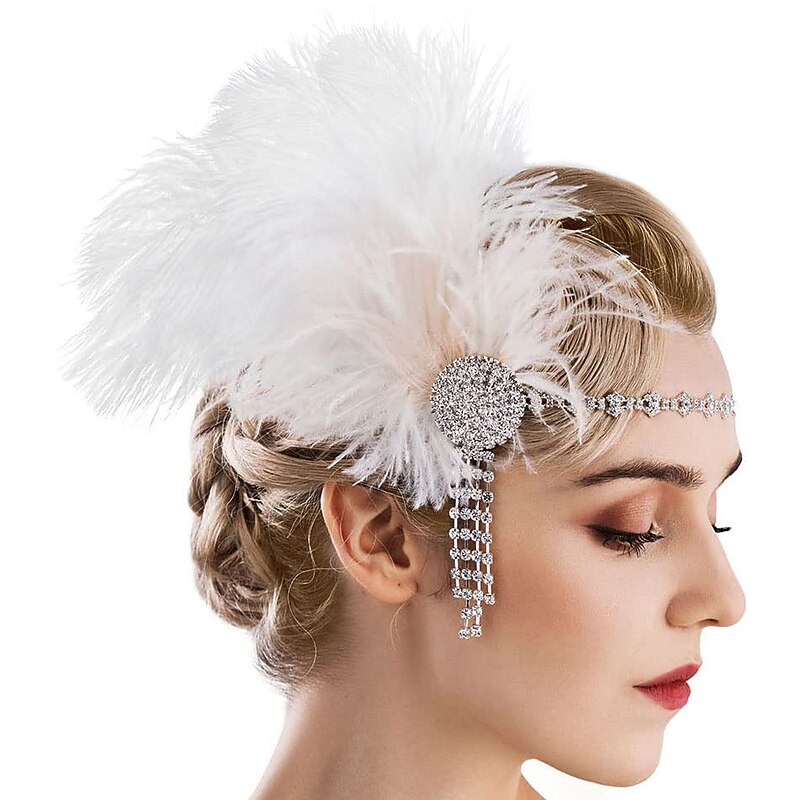 feather Art Deco 1920's Flapper Great Gatsby Inspired Leaf Medallion Pearl Headpiece Headband