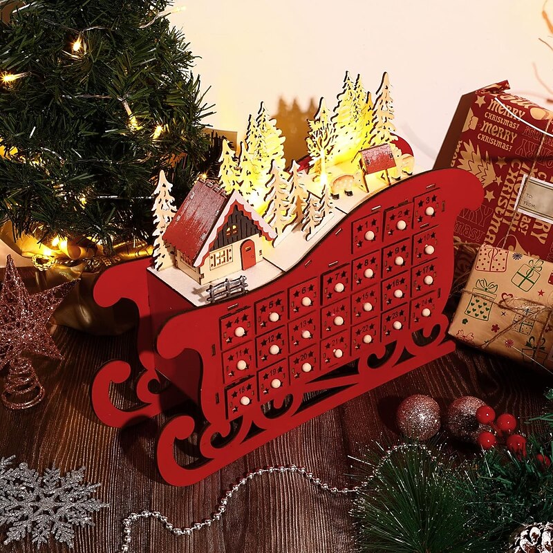 Christmas Wooden Advent Calendar Christmas Sleigh Countdown Calendar with 24 Drawers Wooden Advent Calendar Xmas Countdown Advent Calendar for Adults Kids Christmas Countdown Decoration Supplies