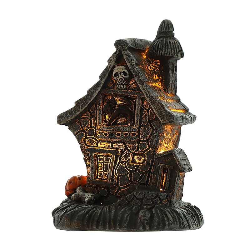 Halloween Christmas Resin Haunted House- LED Lighted Halloween Village Houses with Figurines, Halloween Village Collection Indoor Room Decor Ornament2