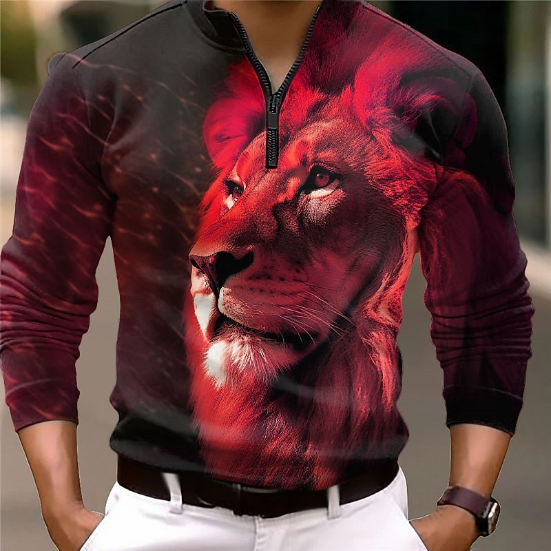 Men's Lion Zip Polo Long Sleeve Polo Shirts Zip Abstract Outdoor Casual Daily Streetwear 3D Print Fall & Winter Blue Orange Green4