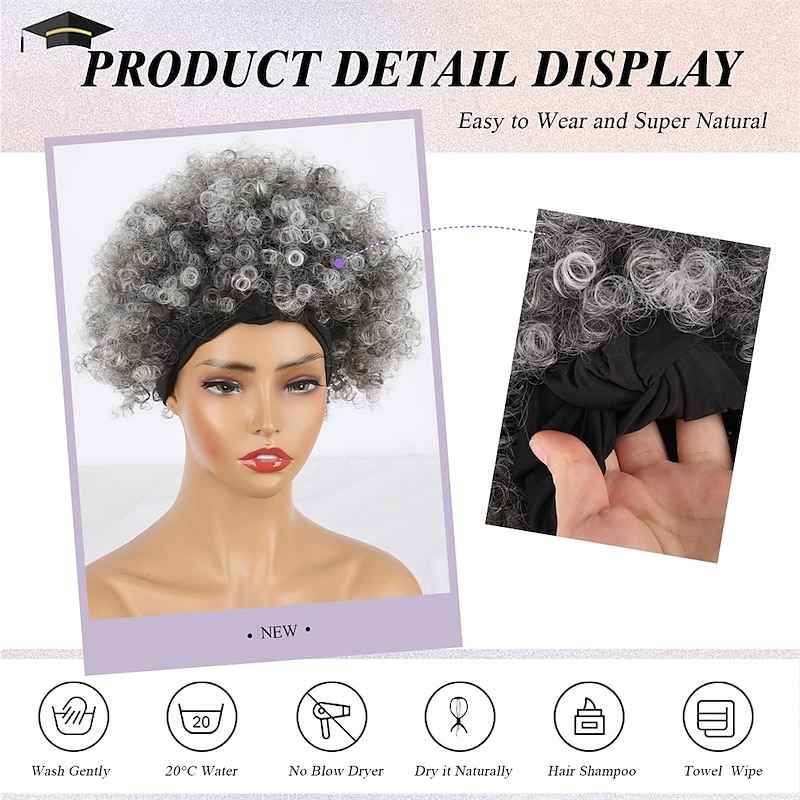 Afro Kinky Curly Wig Headband Wig Gray Wigs for Women Short Curly Afro Wig with Headband Attached Synthetic Gray Ombre Wig Womens Curly Real Hair Glueless Wig Gray Hair Wigs 4Inch4