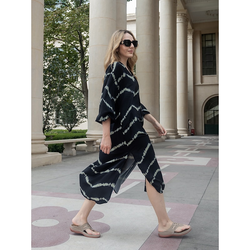 Women's Geometric Stripe Button Split V Neck Maxi long Dress Daily Vacation Long Sleeve Summer Spring4