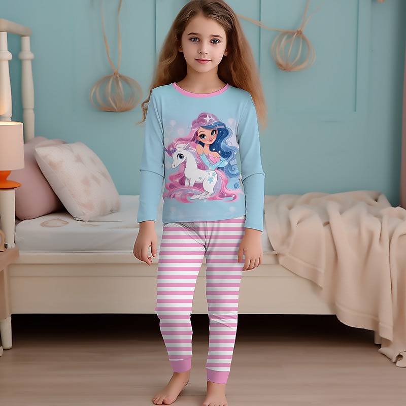 Girls' 3D Rainbow Unicorn Pajama Sets Long Sleeve 3D Print Fall Winter Active Fashion Cute Kids 4 years+ Crew Neck Home Causal Indoor Regular Fit4