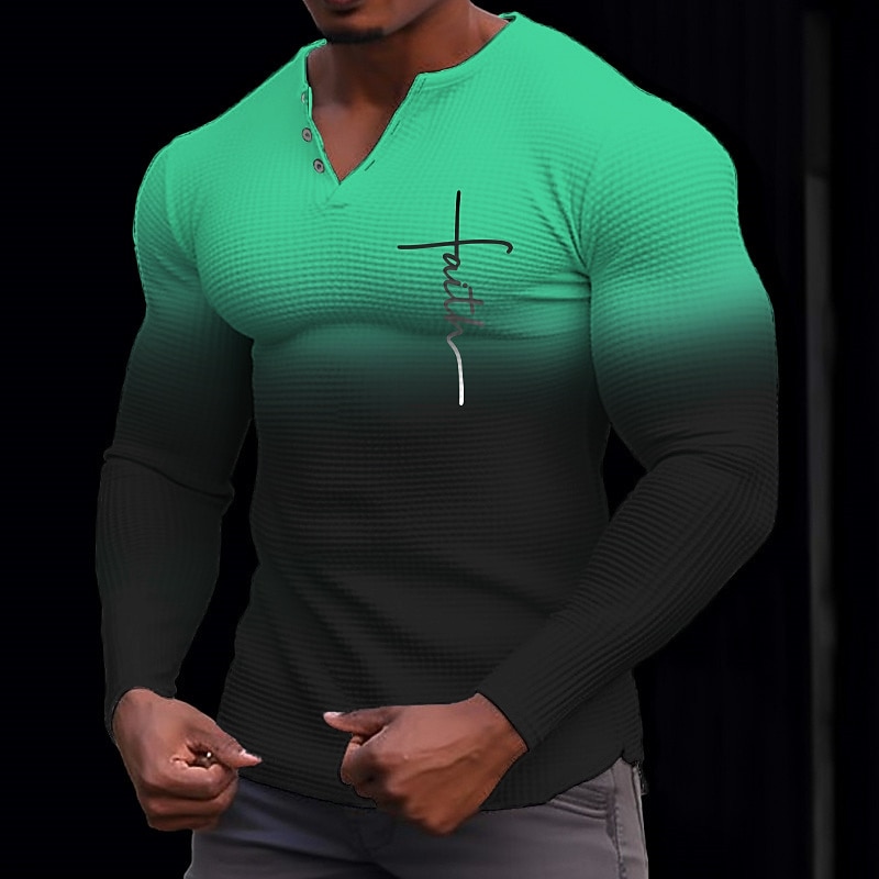 Men's Graphic Letter Faith Henley Shirt Waffle T Shirt Long Sleeve 3D Print Fashion Designer Casual Sports Outdoor Holiday Festival Spring &  Fall Yellow Blue Orange Green Dark Gray Henley Henley4