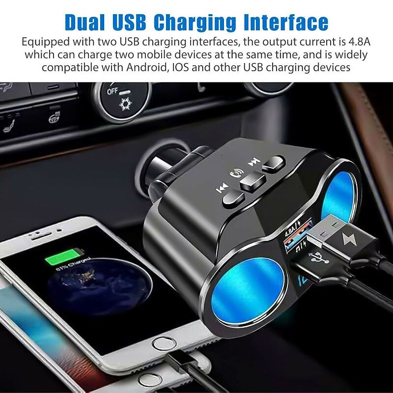 Bluetooth 5.0 Dual USB Car Charger - 4.8A Fast Charging Adapter, Cigarette Lighter Socket Splitter for Phone Charging4