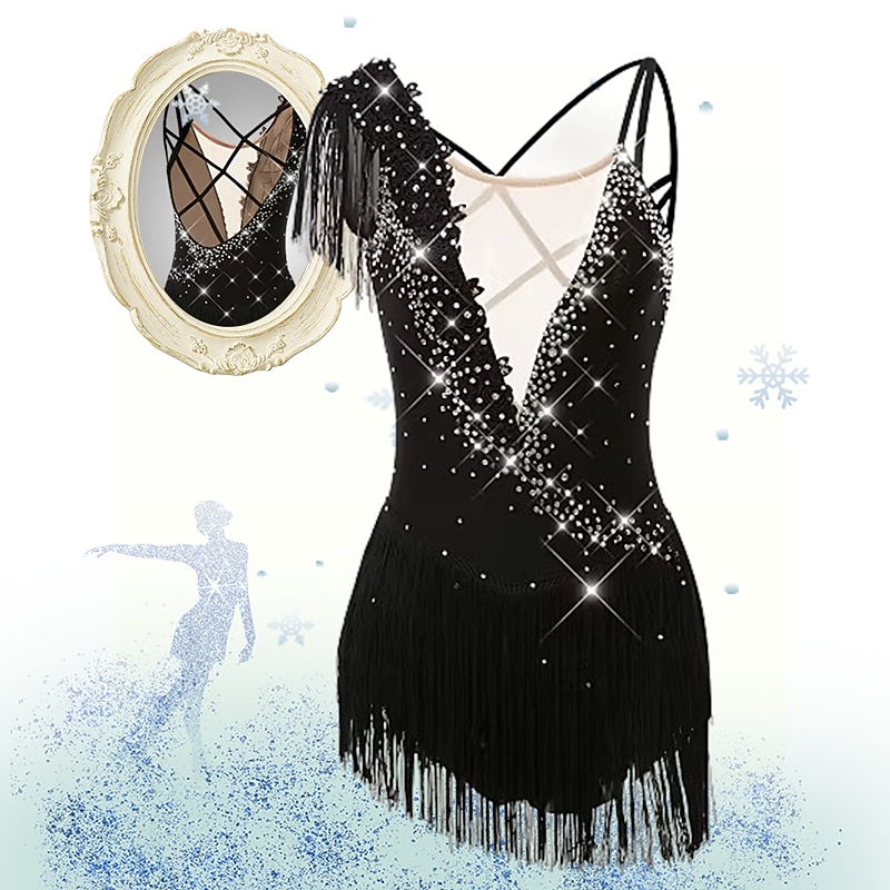 Figure Skating Dress Women's Girls' Ice Skating Dress Black White Yellow Criss Cross Tassel Mesh Spandex High Elasticity Competition Skating Wear Sleeveless Latin Dance Ice Skating Winter Sports