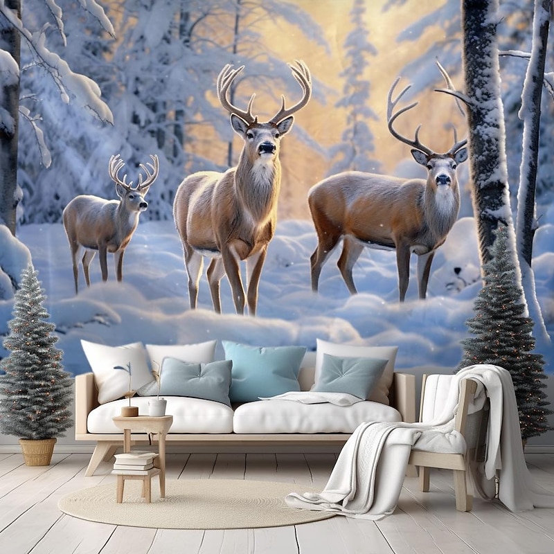 Winter Wonderland Hanging Tapestry Wall Art Large Tapestry Mural Decor Photograph Backdrop Blanket Curtain Home Bedroom Living Room Decoration Snow Reindeer2