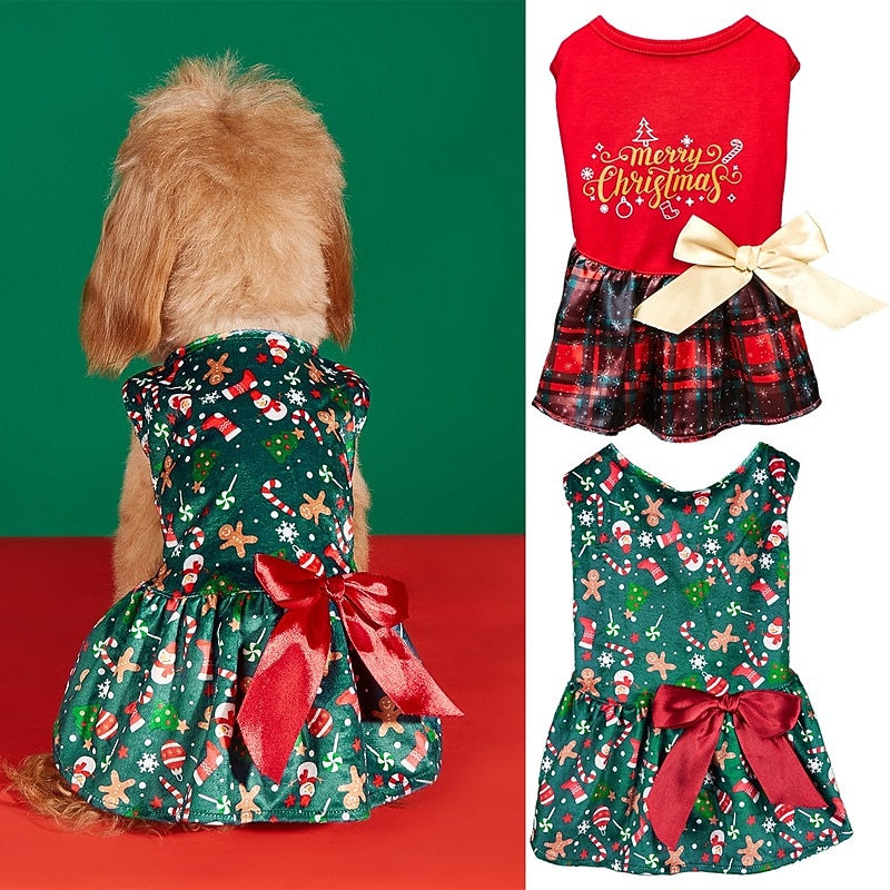 New Christmas Pet Clothes Sleeveless Tank Top Skirt Bow Princess Dress Cat Dog Clothes