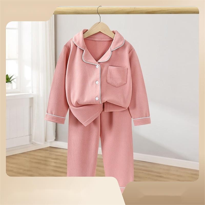 Kids Girls' Pajama Sets Long Sleeve SY01-pajamas light pink Yellow Light Green Solid Color Button Spring Fall Active Home 7-13 Years2