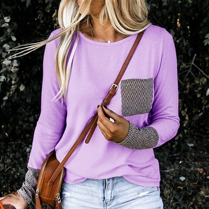 Women's T Shirt Plain Basic Long Sleeve Round Neck Regular Tops Daily Weekend Print Black Pink Blue Purple Spring & Fall3