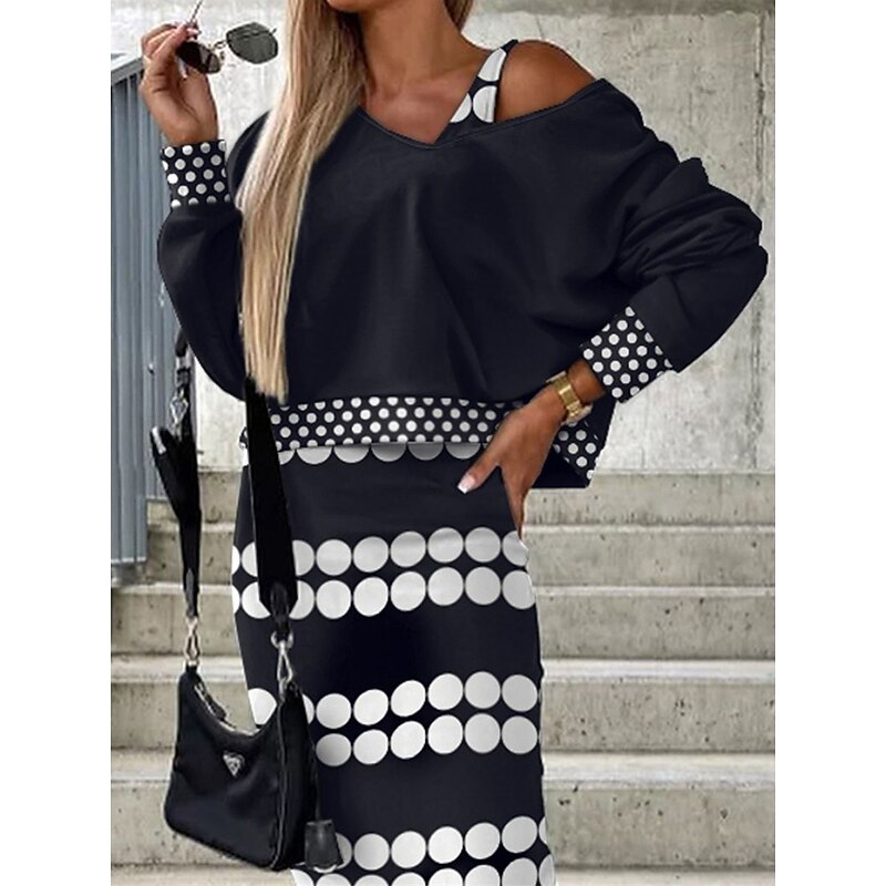 Women's Dress Set Casual Dress Skirt Set Sheath Dress Fashion Streetwear Floral Geometric Print Midi Dress Long Sleeve V Neck Outdoor Vacation Black White Yellow Fall Winter Loose Fit3