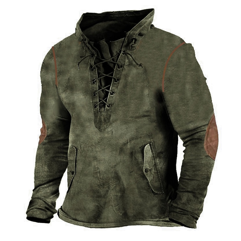 Men's Sweatshirt Pullover Tactical Black Army Green Navy Blue Khaki Standing Collar Color Block Lace up Sports & Outdoor Casual Daily 3D Print Polyester Streetwear Designer Basic Spring &  Fall2