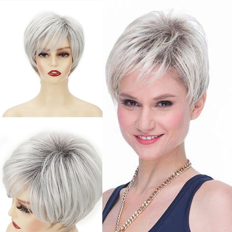 Short Curly Grey Pixie Wigs for White Women Sliver Grey Layered Synthetic Wig Natural Looking Pixie Cut Fluffy Wigs with Bangs4