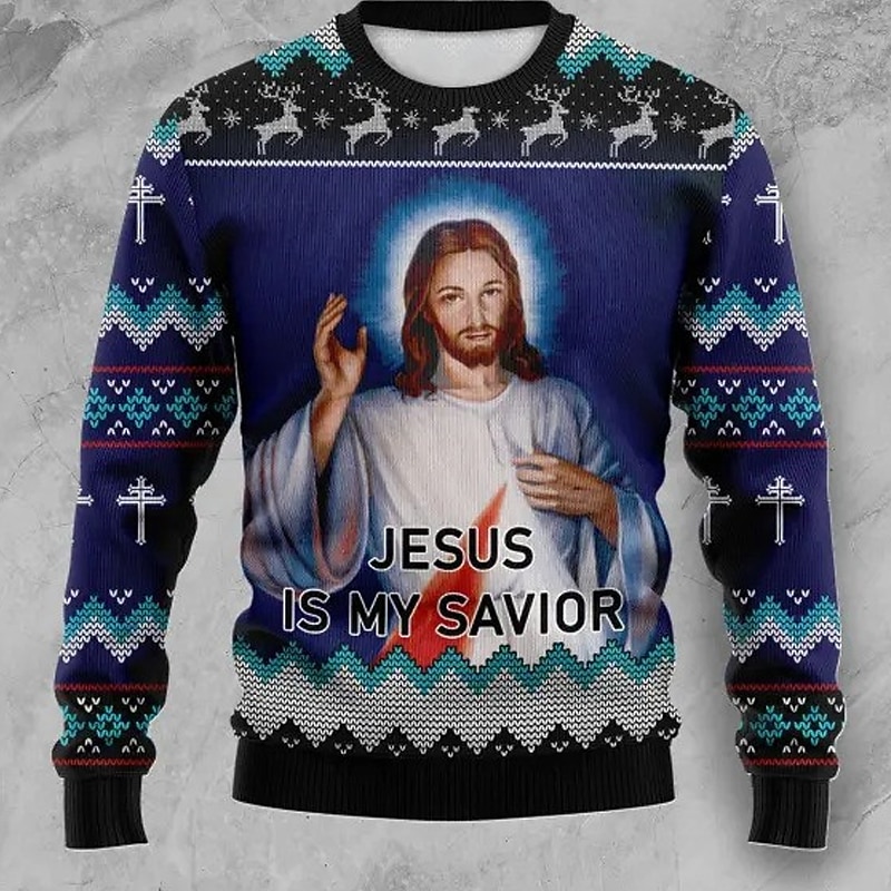 Ugly Christmas Sweater Men's Sweaters Elk Jesus Christ Knitted Pullover Jumper Knitwear New Years Eve Sweater Daily Wear Vacation Long Sleeve Crew Necks Yellow Red Blue Fall & Winter M L XLs