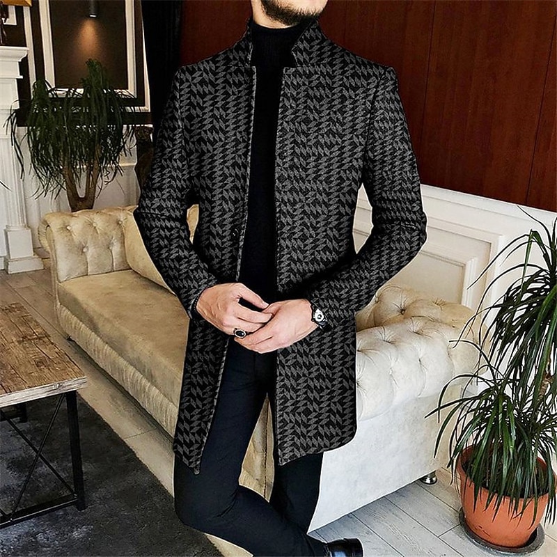 Men's Geometry Winter Coat Overcoat Coat Warm Comfortable Breathable Business Casual Work Wear to work Going out Pocket Print Fall & Winter Stand Collar Long Sleeve Black Dark Gray Gray2
