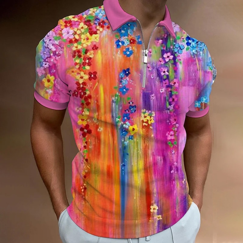 Men's Floral Hawaiian Polo Shirts Golf Shirt Short Sleeve Polo Shirts Collared Shirts Casual Beach Wear Vacation Wear Tropical Wear Party Outfits 3D Print Quarter Zip Polo Light Yellow White Pink3