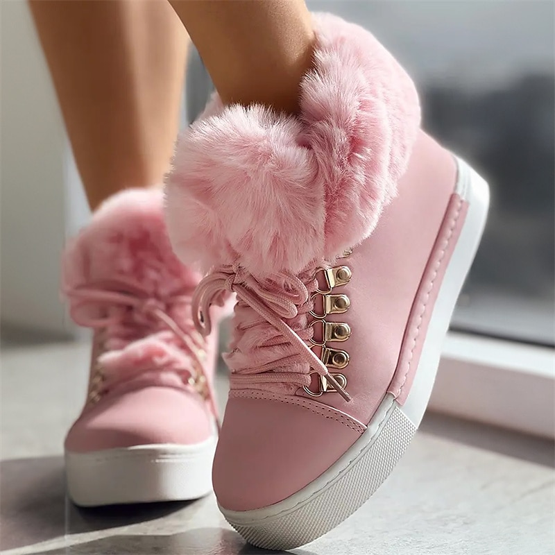 Women's Pink Faux Fur Lined High-Top Sneakers - Warm and Cozy Winter Casual Shoes2